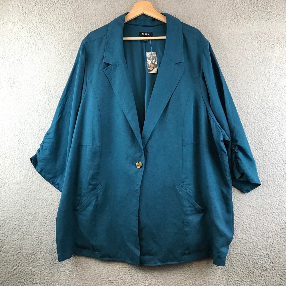 New Torrid 5X Studio Linen Blazer Legion Blue Plus Size Ruched Sleeve Jacket
